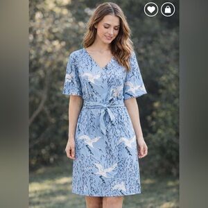 Superstition Blue Bird Print Dress • Tie Waist • Short Sleeve • Midi